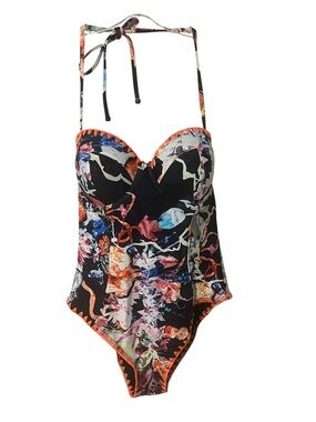 NWOT Rachel Roy Abstract Floral One Piece Swimsuit Multicolor Halter Underwire